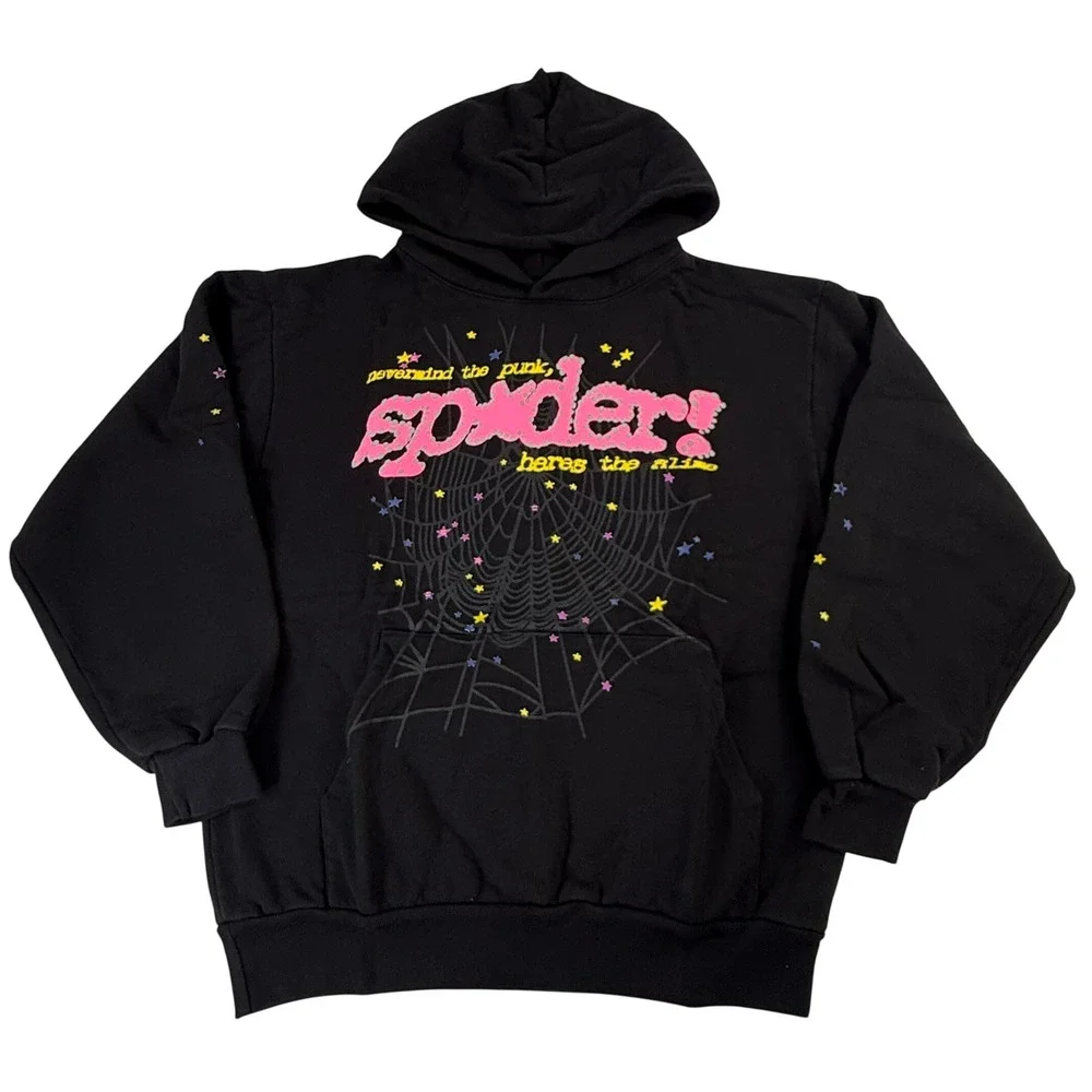 Sp5der Worldwide Nevermind the Punk Hoodie Black Pink Puff Print Large